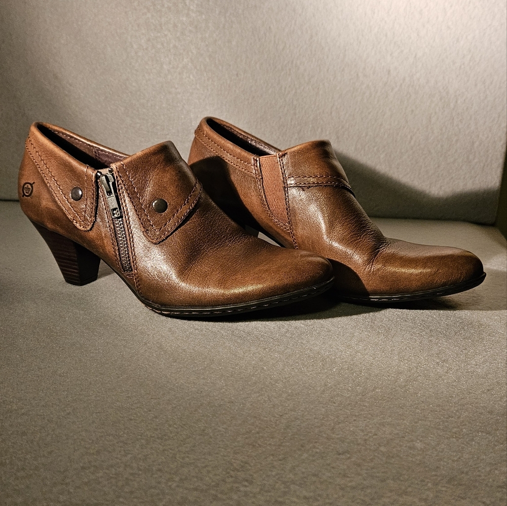Born Leather Tanya Marrone Short Ankle Boot Zip Up Foldover Booties Brown 8.5